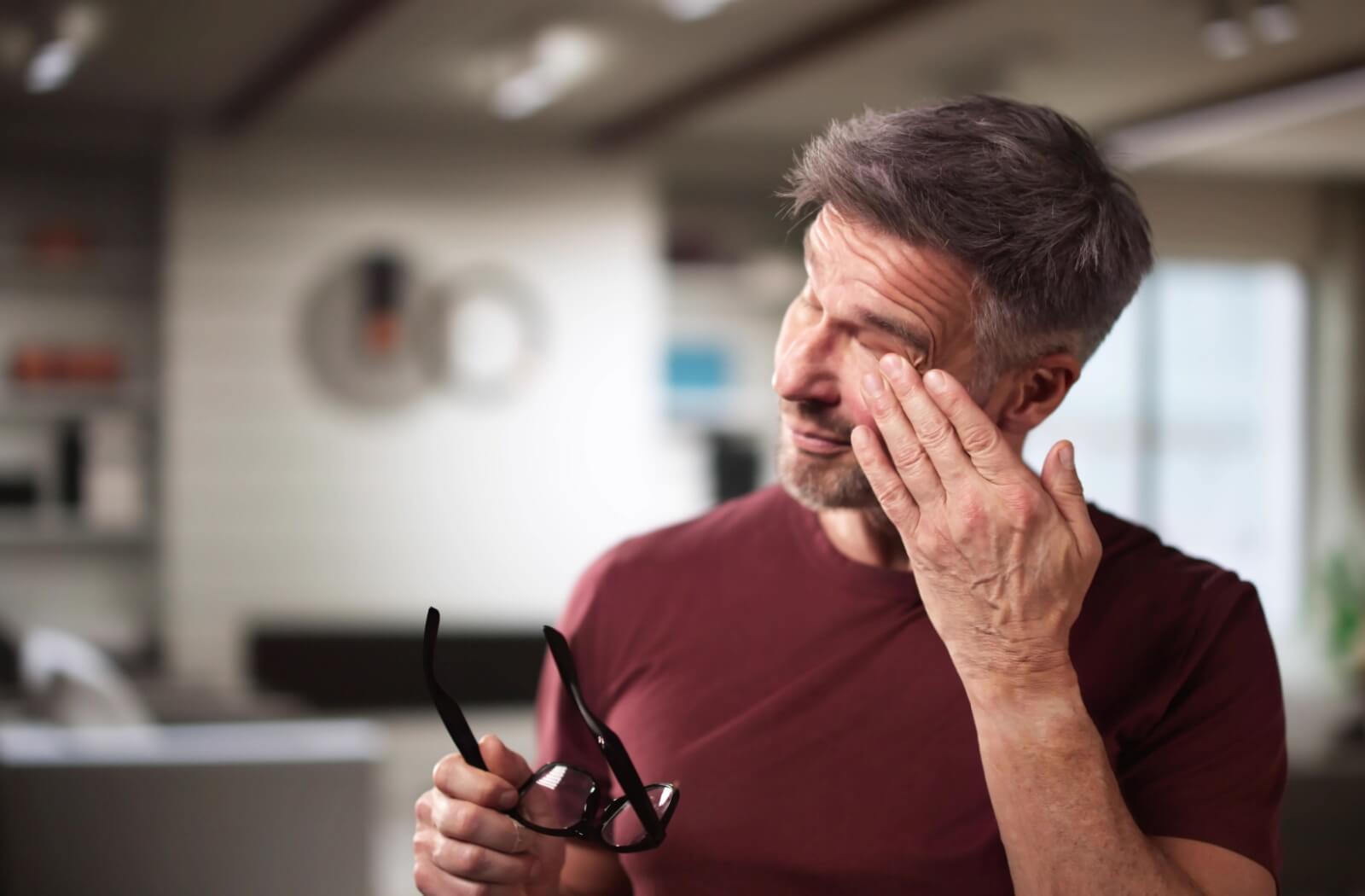 Middle-aged person rubbing the eye while holding glasses indoors, illustrating sudden eye irritation or dry eye discomfort.