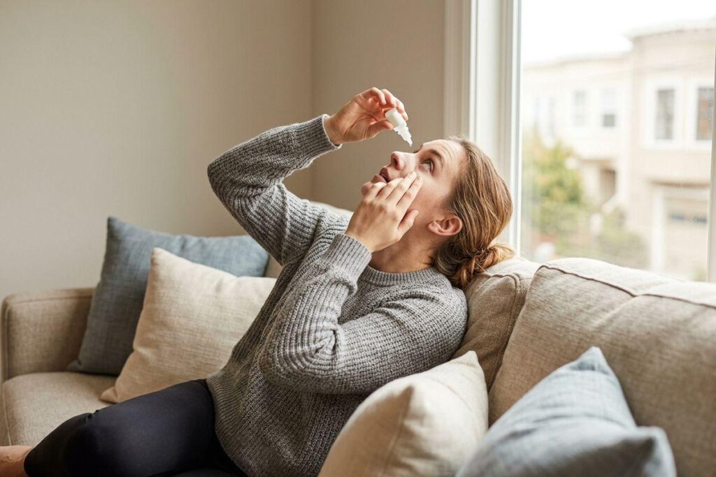 A person sitting on a couch, tilting their head back to apply dry eye treatment drops.