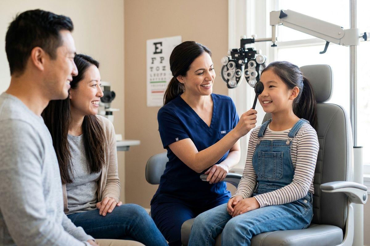 An adult eye doctor performing a comprehensive eye exam on a patient using a phoropter in a bright clinic.