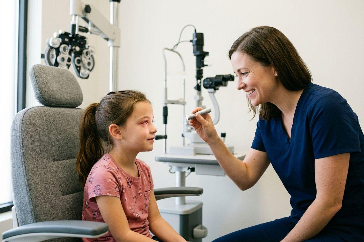 An eye doctor assessing a child's eyes.