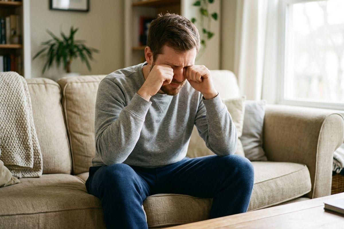 A person sitting on a couch rubbing their eyes, experiencing dry eye discomfort or eye strain.