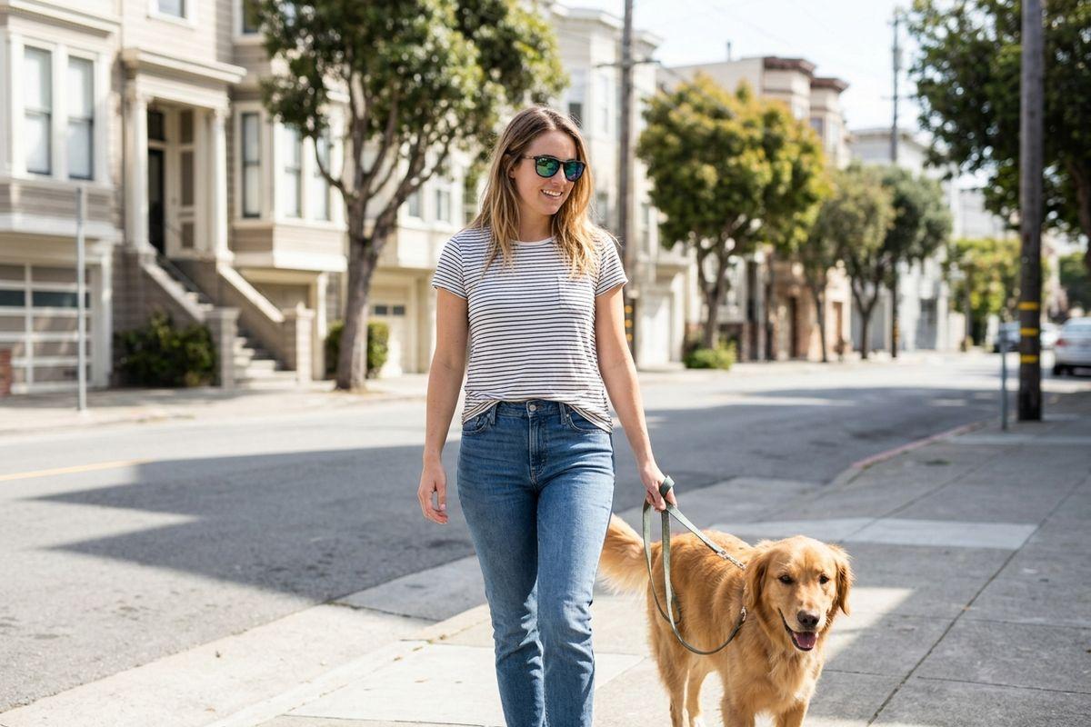 Person in sunglasses and striped shirt smiling while walking a golden retriever on a city sidewalk.
