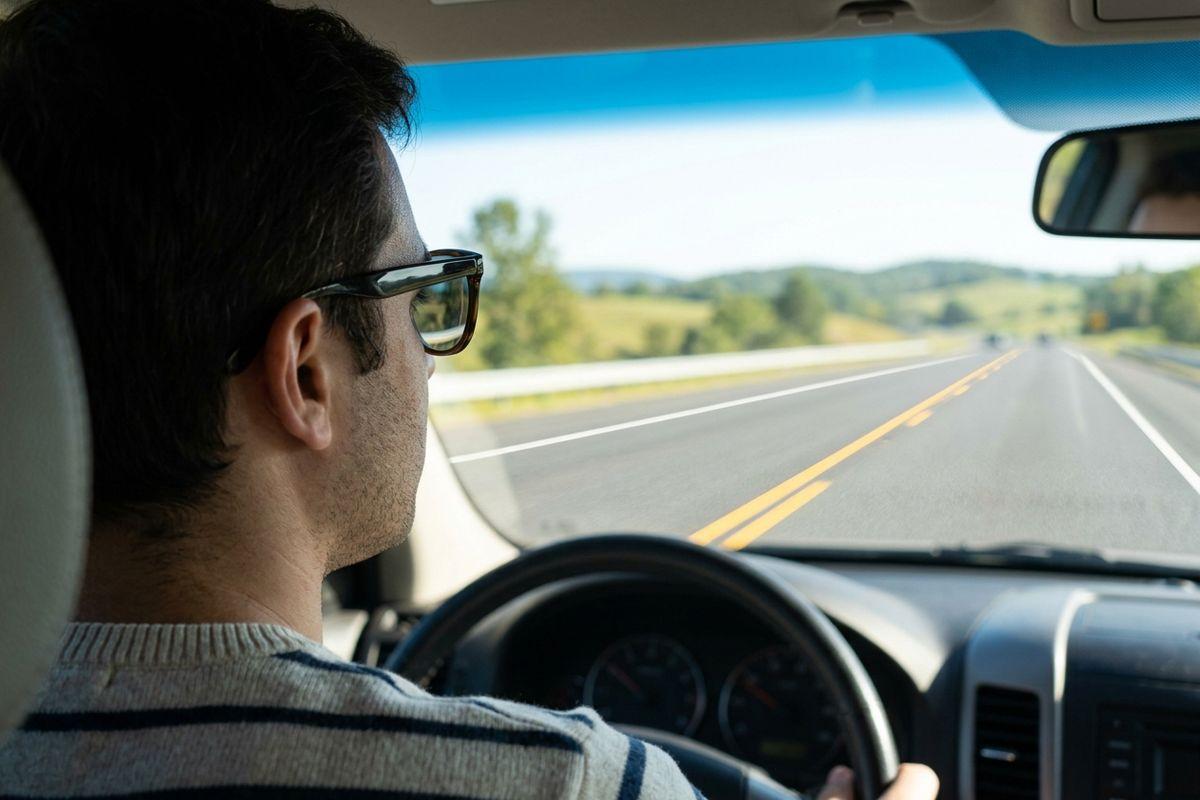 Person wearing sunglasses drives a car on an open highway with green hills ahead.