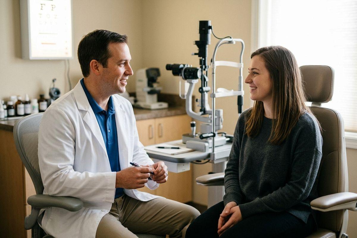 Optometrist and patient smiling at each other during a conversation in an exam room, with a slit lamp and eye chart nearby.