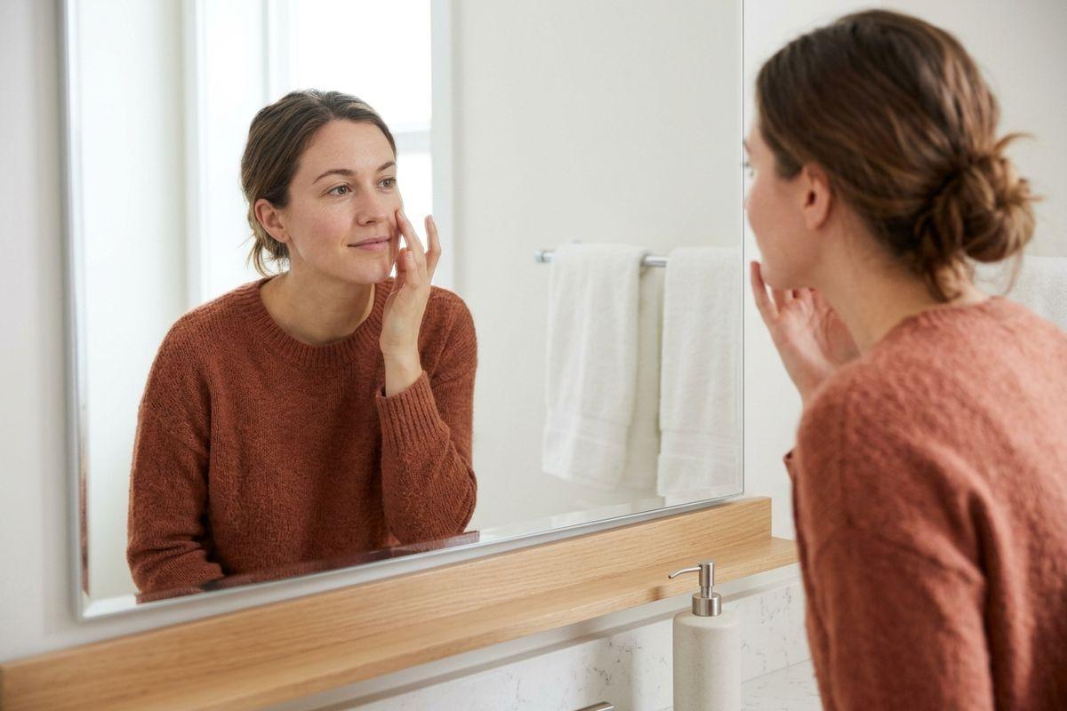 Person in a rust-colored sweater looking into a bathroom mirror, touching their cheek with their fingertips beside a sink and towel rail.