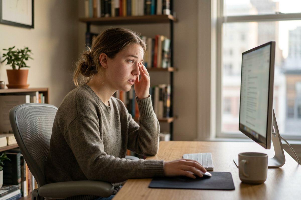 Person rubbing eye while looking at a computer monitor at a home desk, with bookshelves and a window nearby.