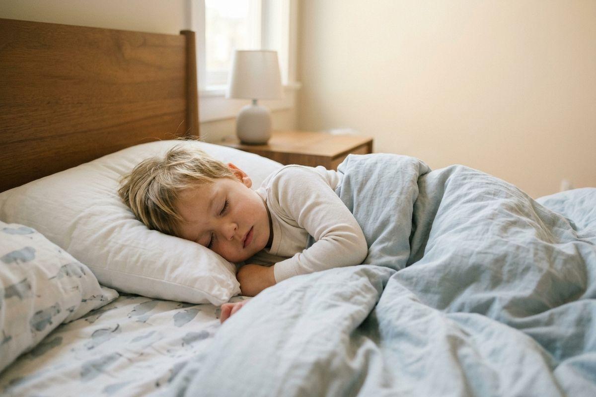 A young child is sleeping on a white pillow in a bed with a light blue duvet.