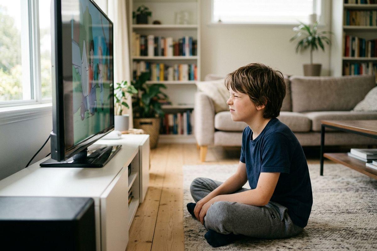 Child sitting cross-legged on a rug, squinting closely at a television in a living room.