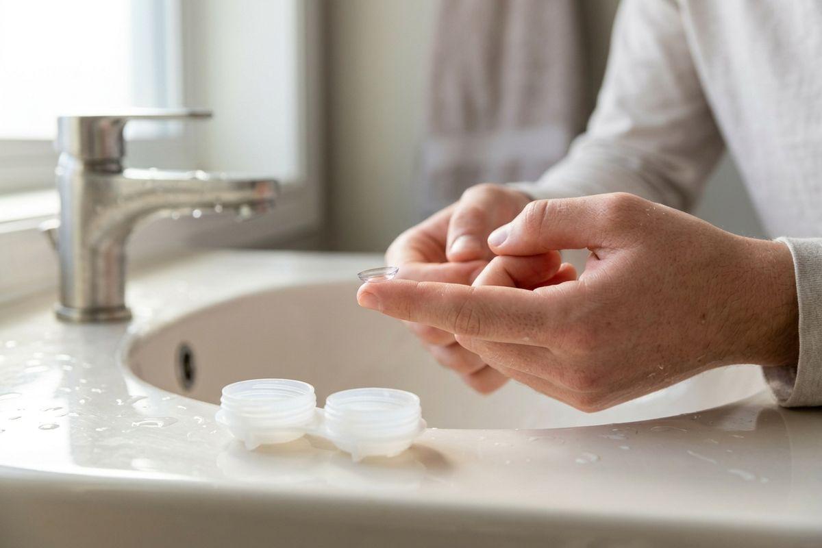 Hands holding a contact lens on a fingertip over a bathroom sink, with an open contact lens case on the wet counter.