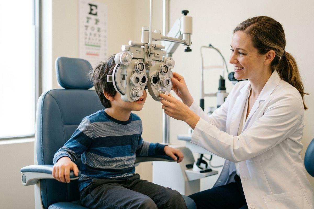Optometrist smiling while adjusting a phoropter for a child during an eye exam.